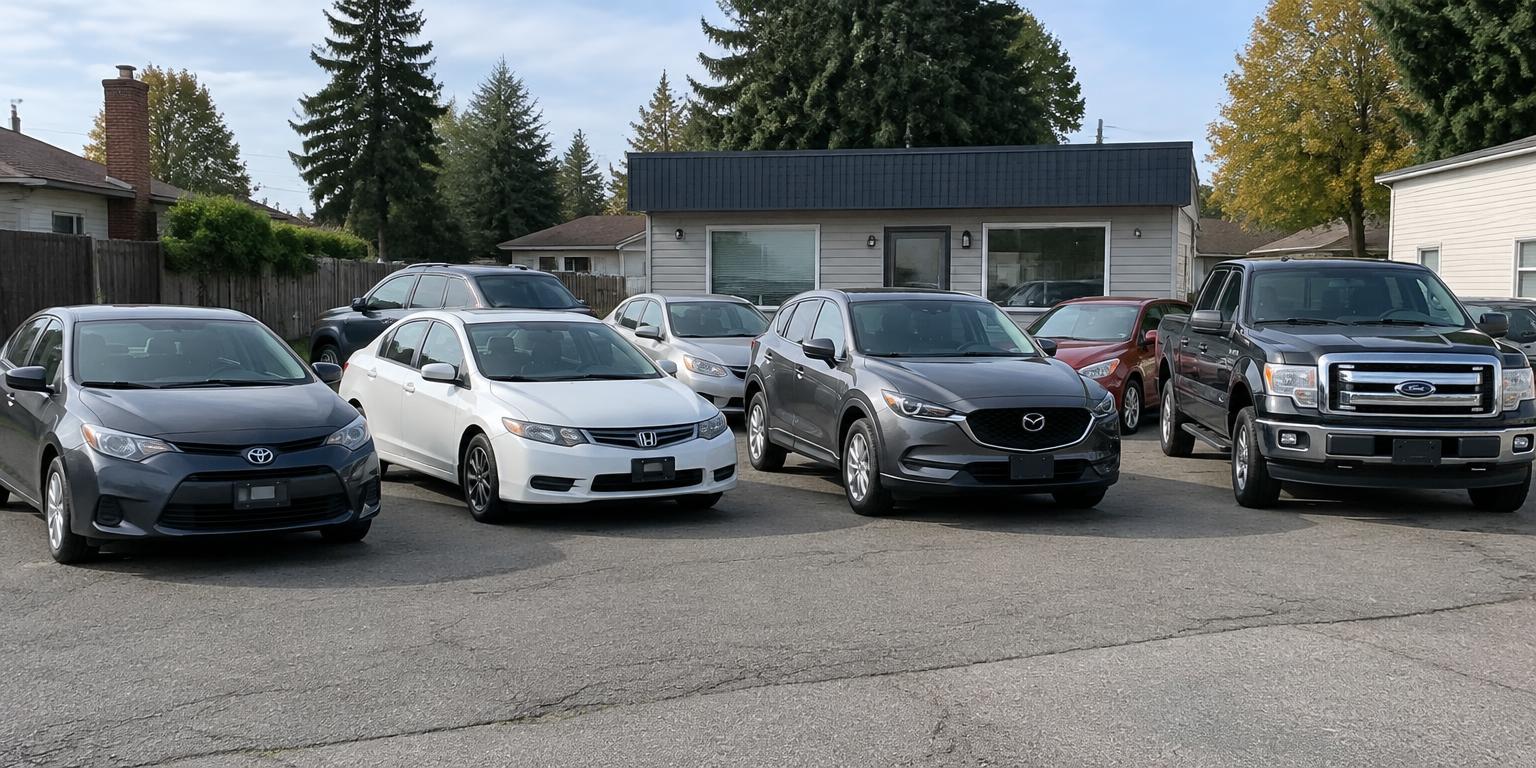Independent used-car lot with everyday sedans, crossovers and a pickup outside a modest sales office