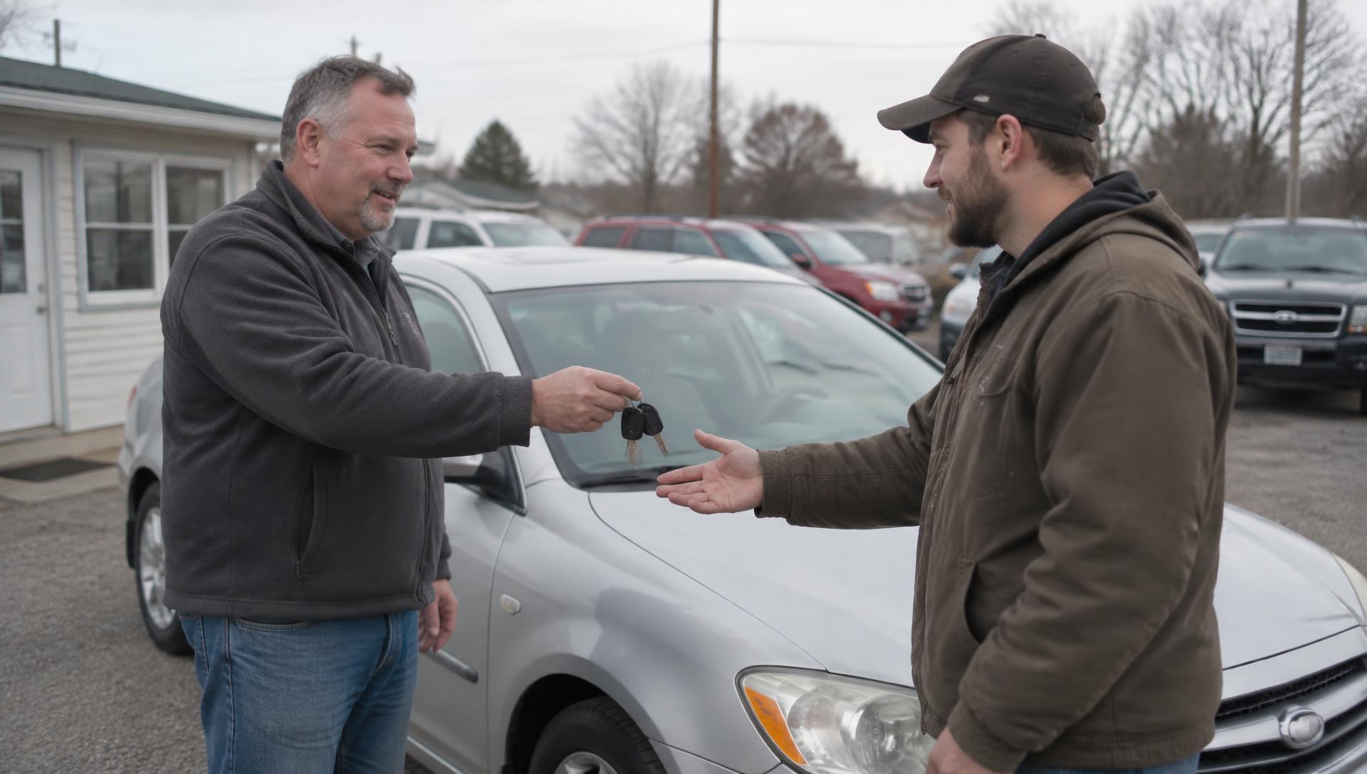 Dealership owner handing car keys to a customer beside a used sedan on a small lot