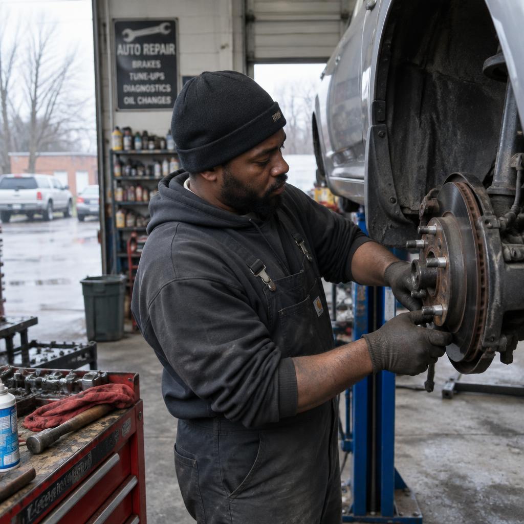Mechanic working on a wheel hub in an independent repair shop