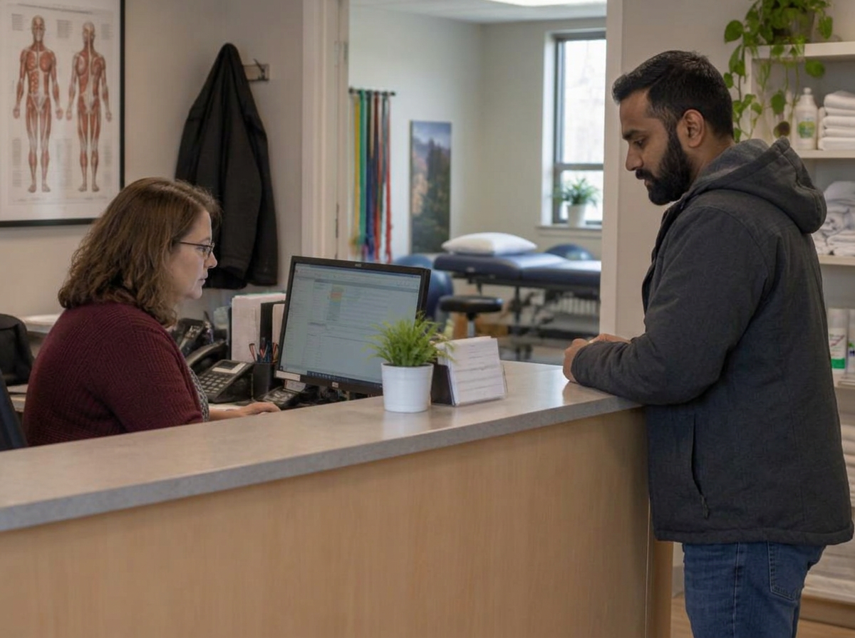 Receptionist assisting a patient at a physiotherapy clinic