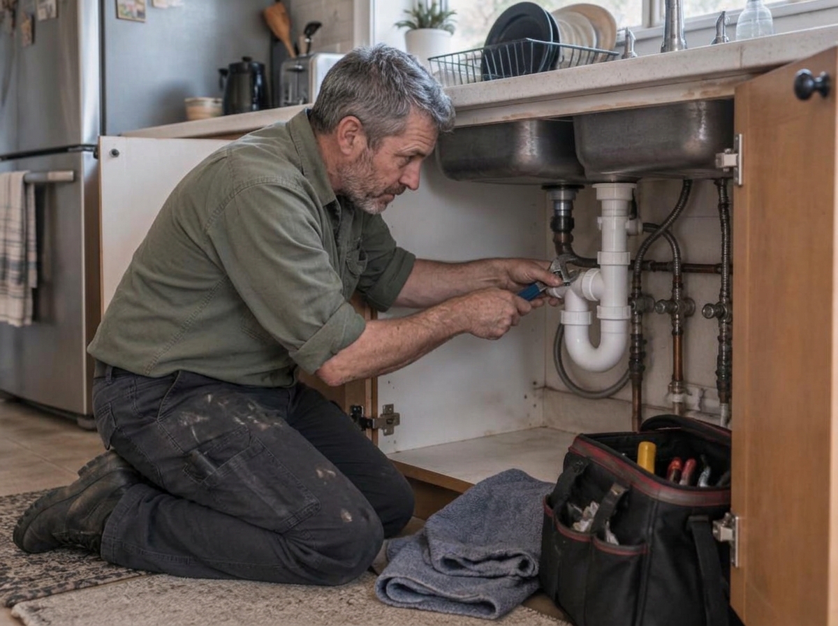 Plumber working on drain pipes beneath a kitchen sink