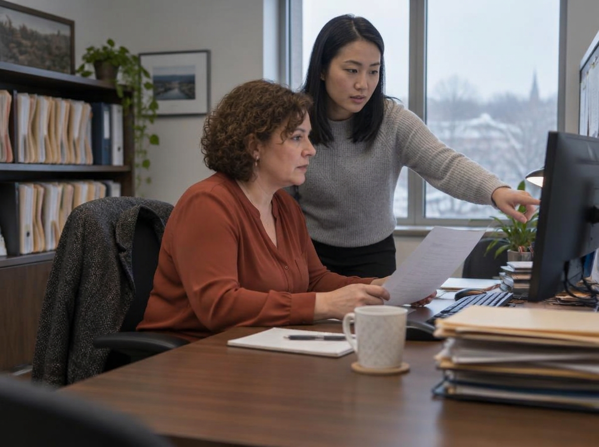 Colleagues reviewing work at a monitor in a small accounting office